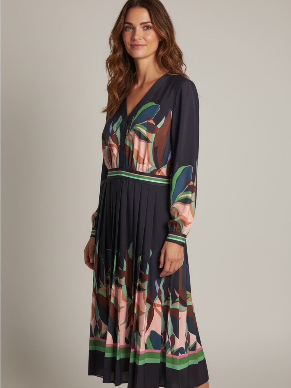 Ted Baker London Navy Midi Dress with Multicolor Leaf Print